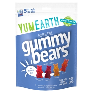 YumEarth, жевательные мишки без глютена, со вкусом клубники, вишни, манго и персика, 5 порционных пакетиков по 19,8 г (0,7 унции)