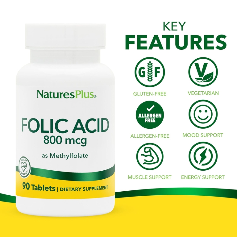 NaturesPlus, фолиевая кислота в виде метилфолата, 800 мкг, 90 таблеток