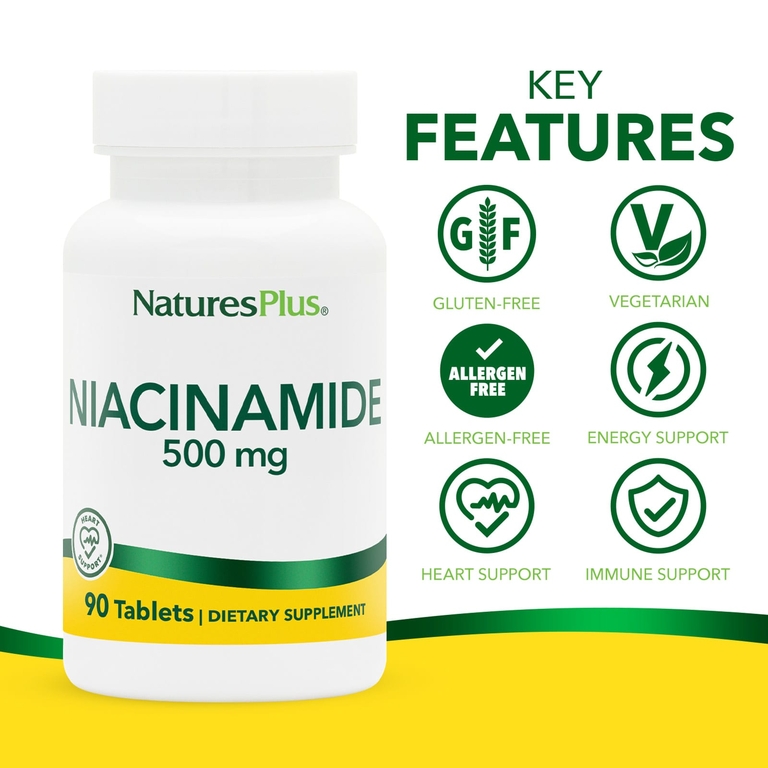NaturesPlus, никотинамид, 500 мг, 90 таблеток