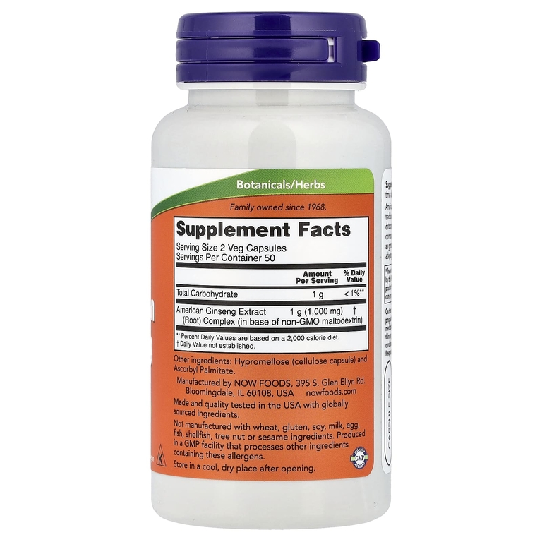 NOW Foods, Экстракт американского женьшеня, 100 растительных капсул (500 мг на капсулу)