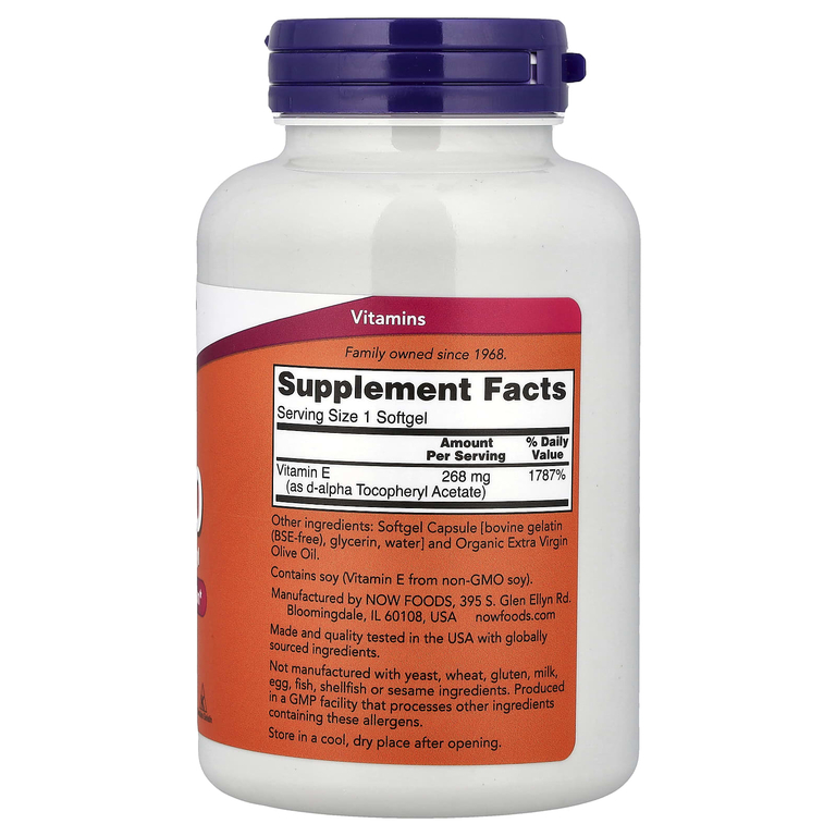 NOW Foods, натуральный витамин E-400, 268 мг, 250 капсул