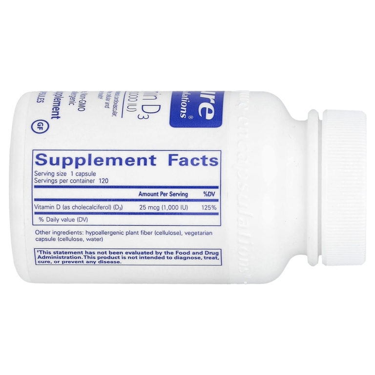 Pure Encapsulations, Витамин D3, 25 мкг (1000 МЕ), 120 капсул