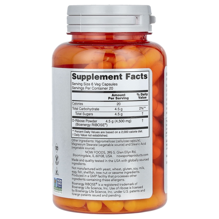 NOW Foods, Спорт, D-рибоза, 750 мг, 120 растительных капсул (125 мг в 1 капсуле)