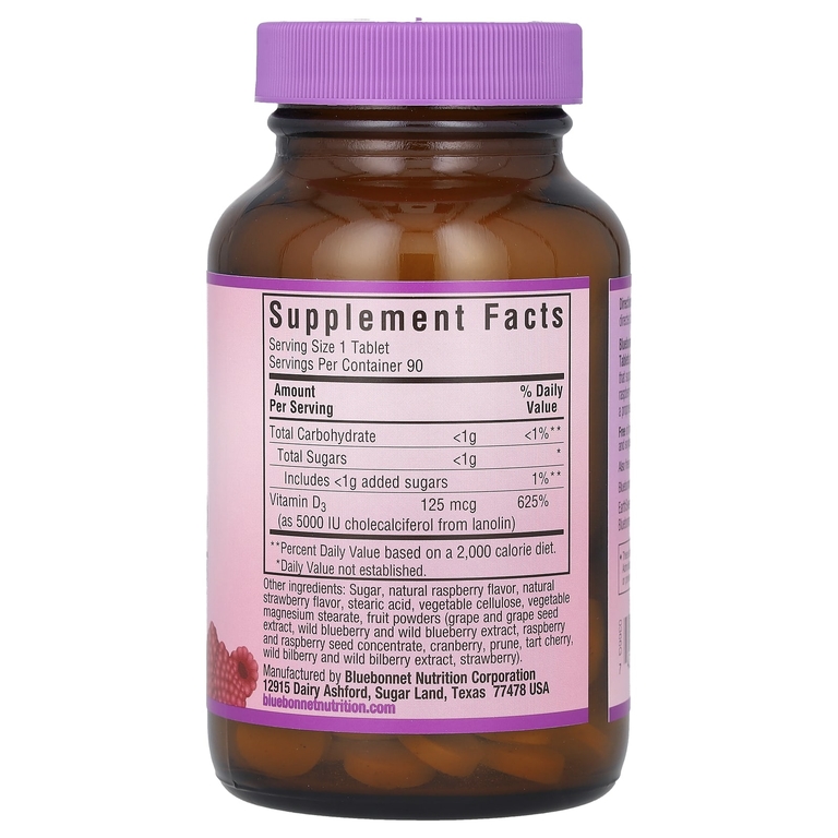 Bluebonnet Nutrition, витамин D3, малина, 5000 МЕ (125 мкг), 90 жевательных таблеток