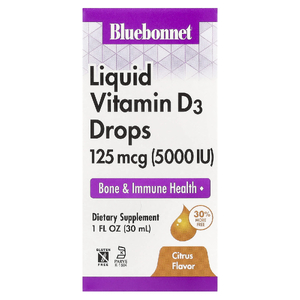 Bluebonnet Nutrition, капли витамина D3, с натуральным цитрусовым вкусом, 5000 МЕ, 30 мл (1 жидкая унция)