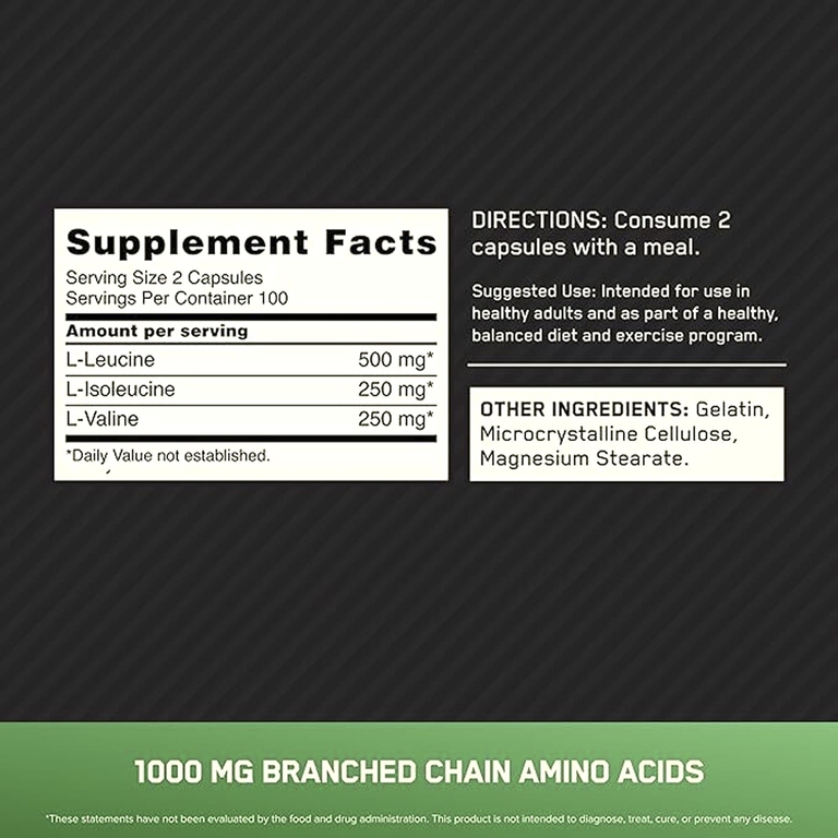 Optimum Nutrition, аминокислоты с разветвлённой цепью, 200 капсул (500 мг в 1 капсуле)