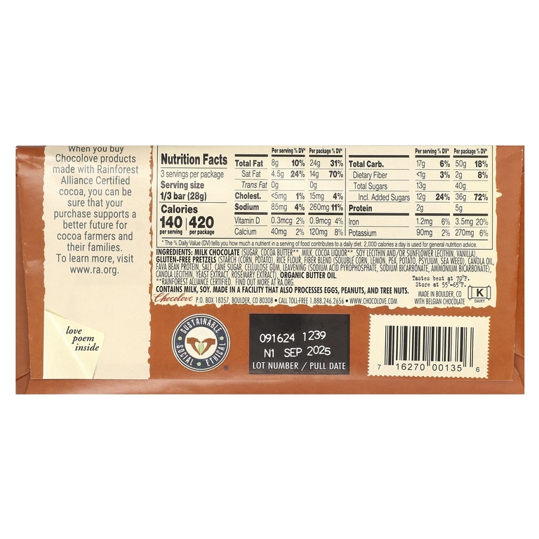 Chocolove, крендель без глютена, в молочном шоколаде, 33% какао, 83 г (2,9 унции)