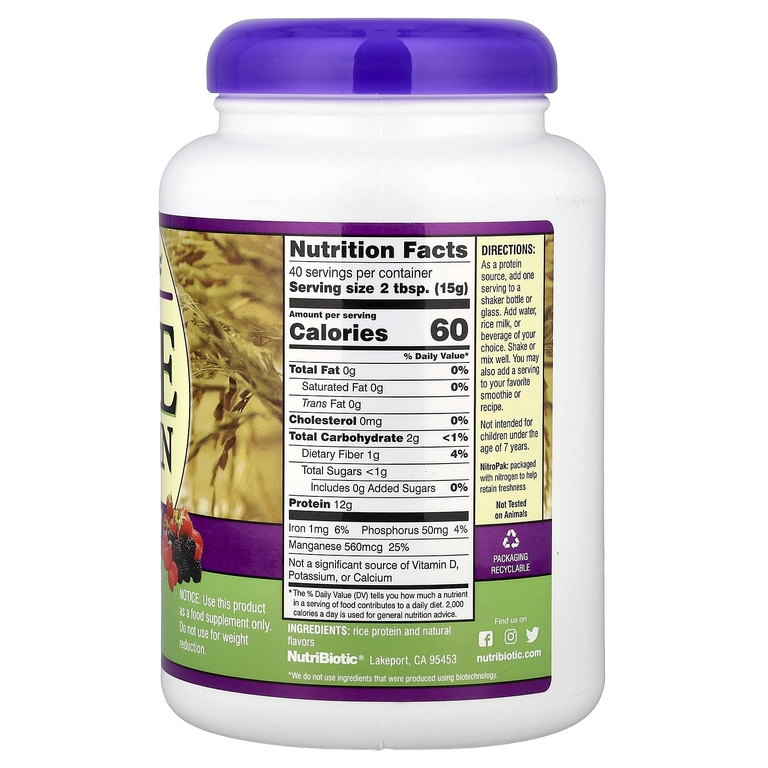 NutriBiotic, порошок из рисового протеина, ягодный вкус, 600 г (1 фунт, 5,16 унции)