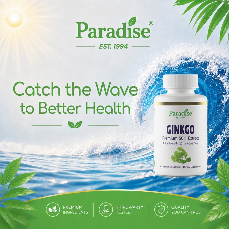 Paradise Herbs, гинкго, 120 мг, 60 вегетарианских капсул