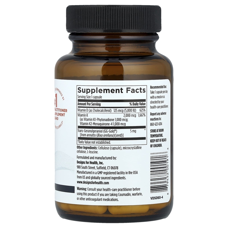 Designs For Health, витамины D3, K1 и K2, 60 вегетарианских капсул