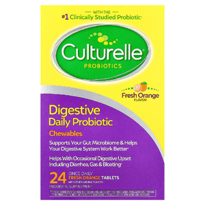 Culturelle, Ежедневные жевательные пробиотики для пищеварения, со вкусом апельсина, 24 таблетки для приема один раз в день (53 мг в каждой таблетке)