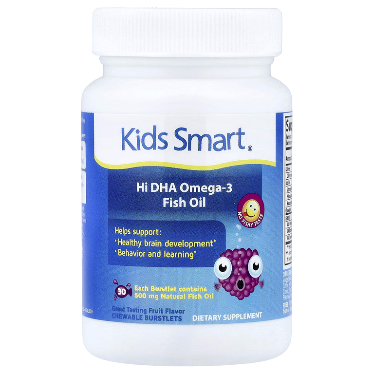 Kids Smart, Kids Smart®, рыбий жир с омега-3 и высоким содержанием ДГК, с фруктовым вкусом, 30 жевательных лопающихся капсул