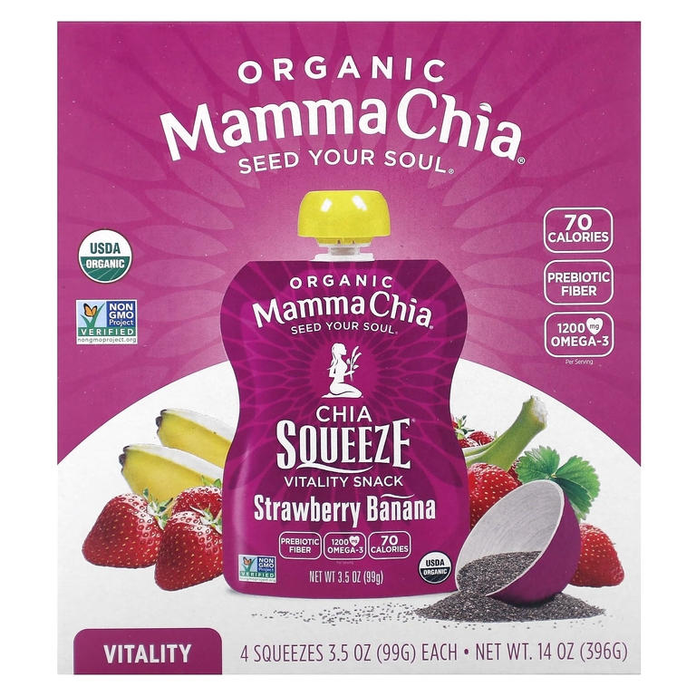Mamma Chia, органические снеки с семенами чиа, перекус для бодрости, со вкусом клубники и банана, 4 пакетика по 99 г (3,5 унции)