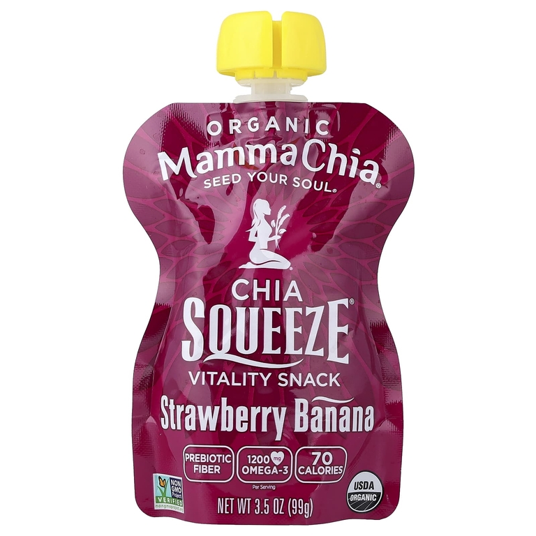 Mamma Chia, органические снеки с семенами чиа, перекус для бодрости, со вкусом клубники и банана, 4 пакетика по 99 г (3,5 унции)