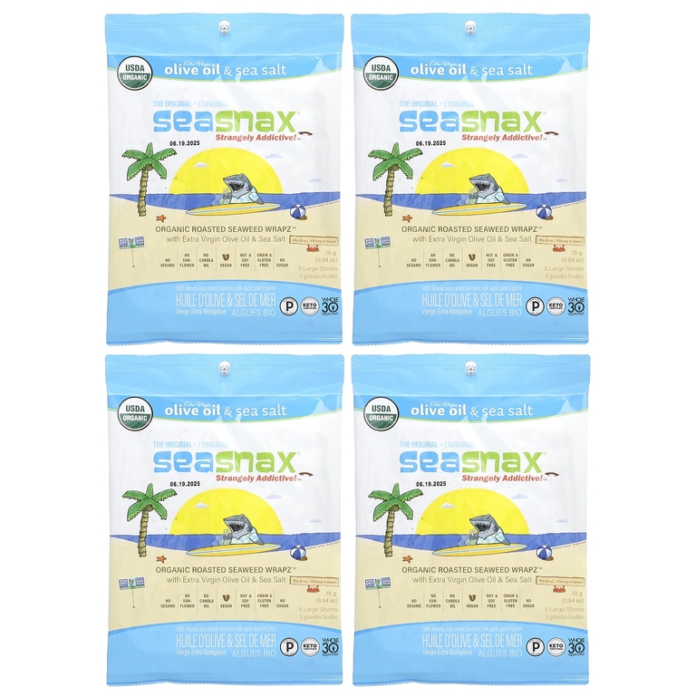 SeaSnax, закуска из жареных морских водорослей, оливковое масло и морская соль, 20 больших листов, 60 г (2,16 унции)