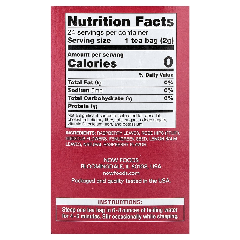 NOW Foods, чай с красной малиной, без кофеина, 24 чайных пакетика, 48 г (1,7 унции)