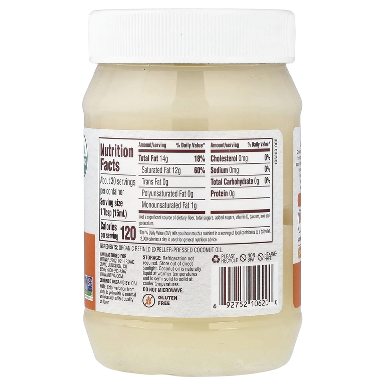 Nutiva, органическое кокосовое масло, рафинированное, 444 мл (15 жидких унций)