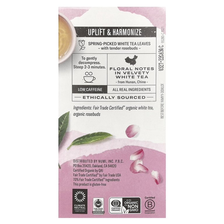 Numi Tea, органический чай, белый чай, белая роза, 16 чайных пакетиков, 32 г (1,13 унции)