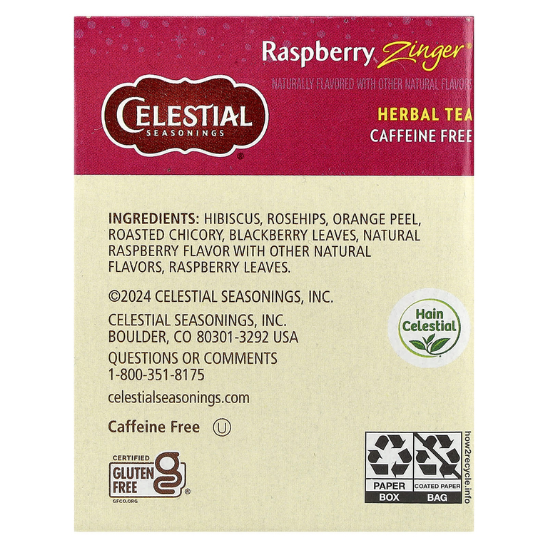 Celestial Seasonings, травяной чай, со вкусом пикантной малины, без кофеина, 20 чайных пакетиков, 45 г (1,6 унции)