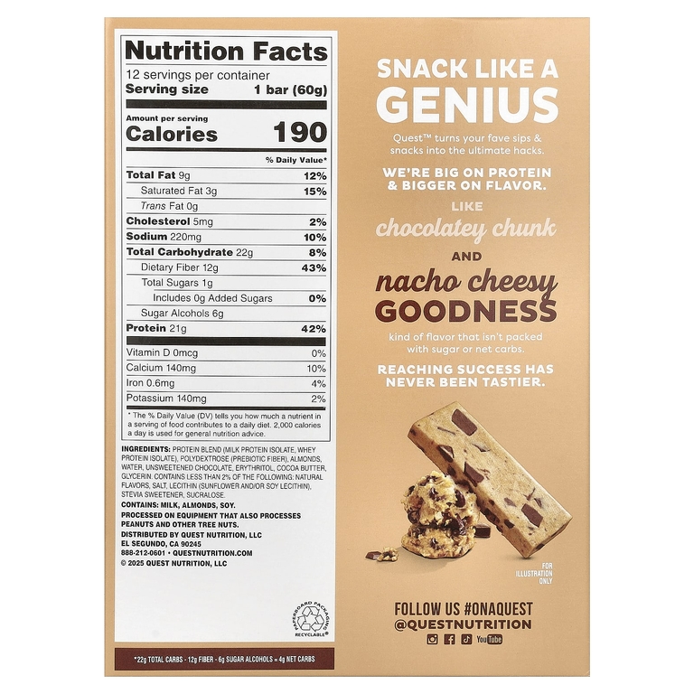 Quest Nutrition, Протеиновый батончик, шоколадная крошка, песочное тесто, 12 штук, 2,12 унц. (60 г) каждый