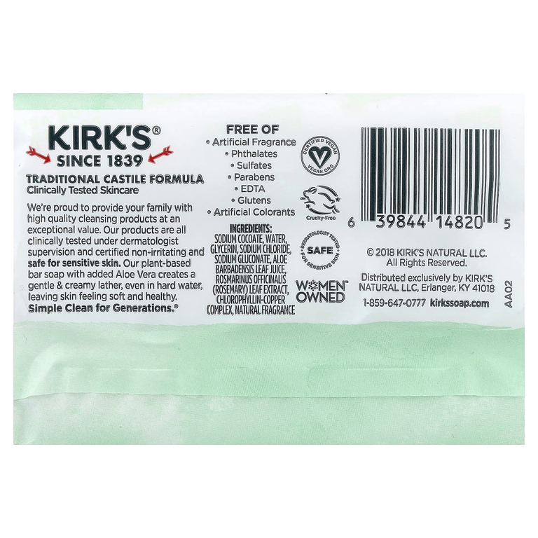 Kirk's, кастильское мыло на 100% премиальном кокосовом масле, успокаивающее алоэ вера, 3 шт. по 113 г