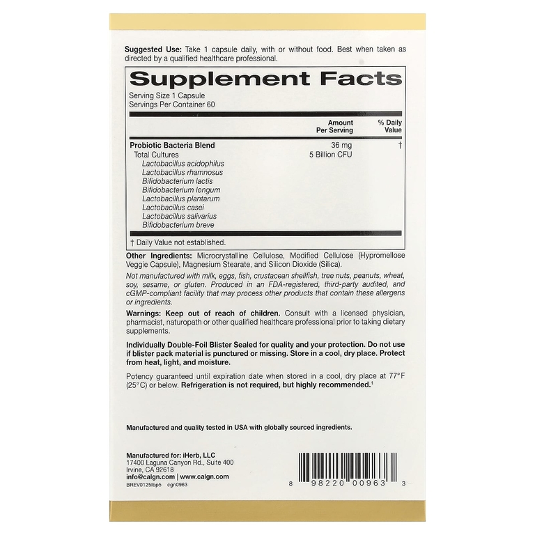 California Gold Nutrition, пробиотики, 5 млрд КОЕ, 60 растительных капсул