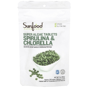 Sunfood, спирулина и хлорелла в таблетках, 250 мг, прибл. 228 таблеток, 57 г (2 унции)
