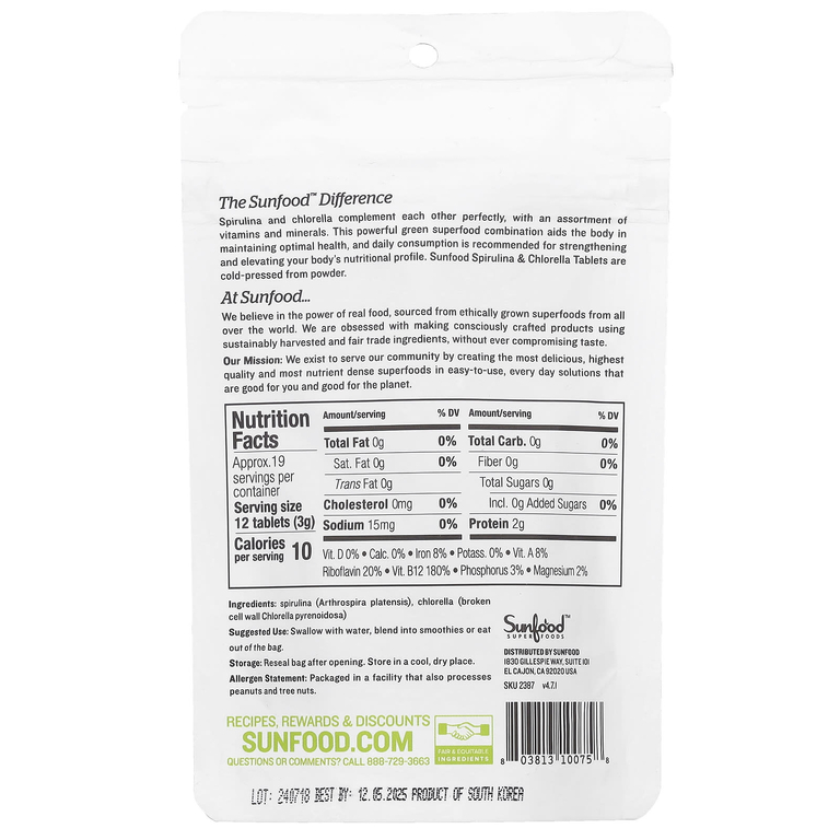 Sunfood, спирулина и хлорелла в таблетках, 250 мг, прибл. 228 таблеток, 57 г (2 унции)
