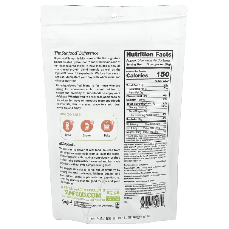 Sunfood, Сырая органическая смесь суперпродуктов для смузи, 227 г (8 унций)