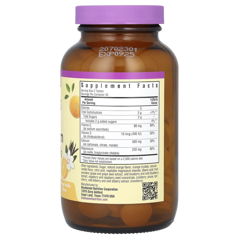 Bluebonnet Nutrition, жевательные таблетки, кальций, магний и витамин D3, со вкусом апельсина и ванили, 90 жевательных таблеток