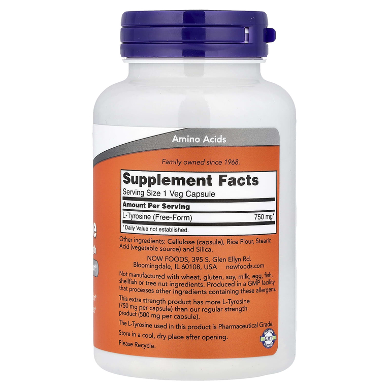 NOW Foods, L-тирозин, 750 мг, 90 растительных капсул