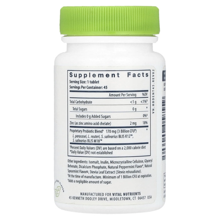 Vital Nutrients, пробиотики для здоровья полости рта, натуральный мятный вкус, 45 веганских жевательных таблеток