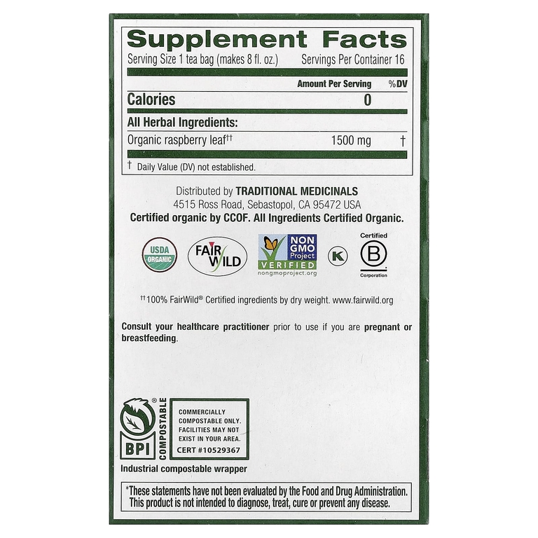 Traditional Medicinals, листья органической малины, без кофеина, 16 чайных пакетиков, 24 г (0,85 унции)