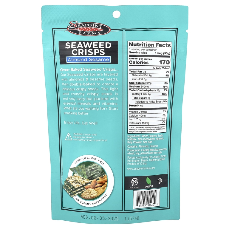 Seapoint Farms, чипсы из морских водорослей, миндаль и кунжут, 35 г (1,2 унции)