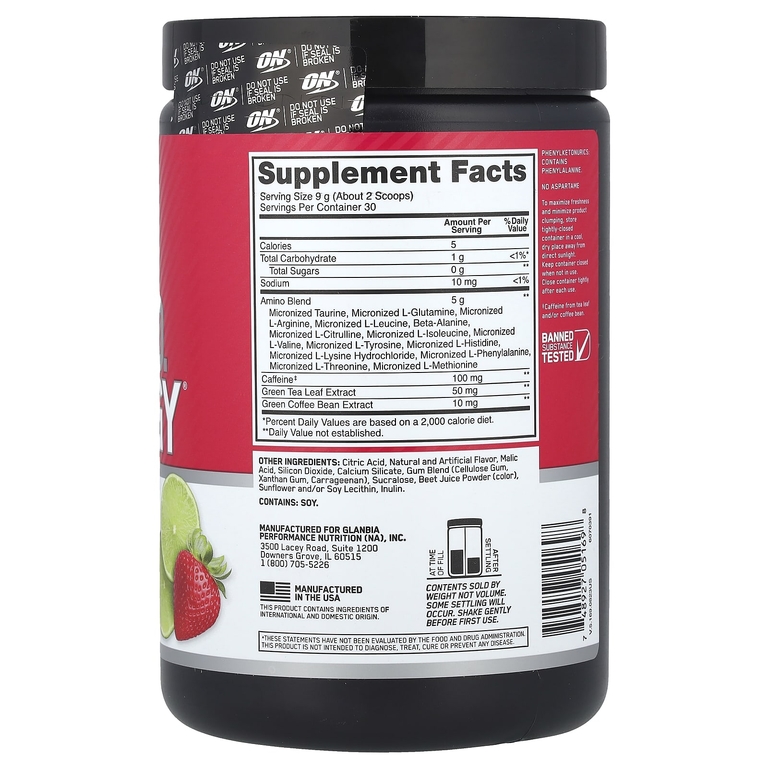 Optimum Nutrition, Аминокислоты, клубника и лайм, 270 г (9,5 унции)