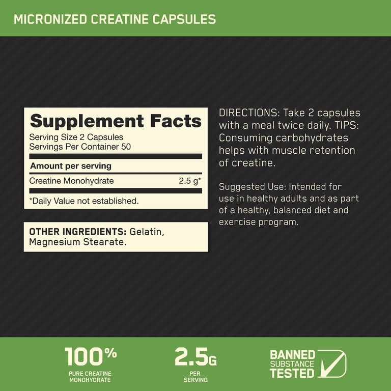Optimum Nutrition, микронизированный креатин в капсулах, 100 капсул (1,25 г в 1 капсуле)