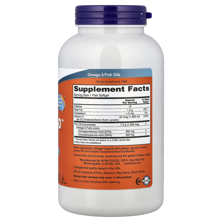 NOW Foods, рыбий жир с омега-3, 180 капсул из рыбьего желатина
