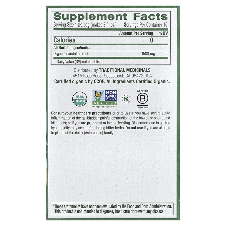 Traditional Medicinals, органический обжаренный корень одуванчика, без кофеина, 16 чайных пакетиков в упаковке, 24 г (0,85 унции)