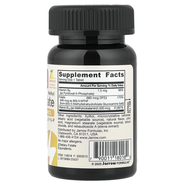 Jarrow Formulas, веганский метил B12 и метилфолат, лимон, 100 жевательных таблеток