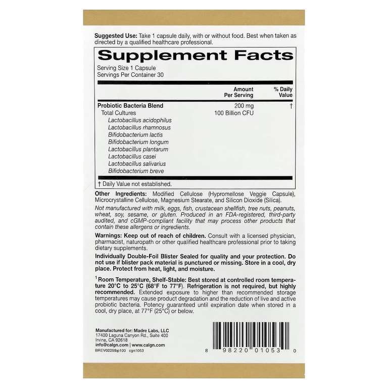 California Gold Nutrition, пробиотики, 100 млрд КОЕ, 30 растительных капсул