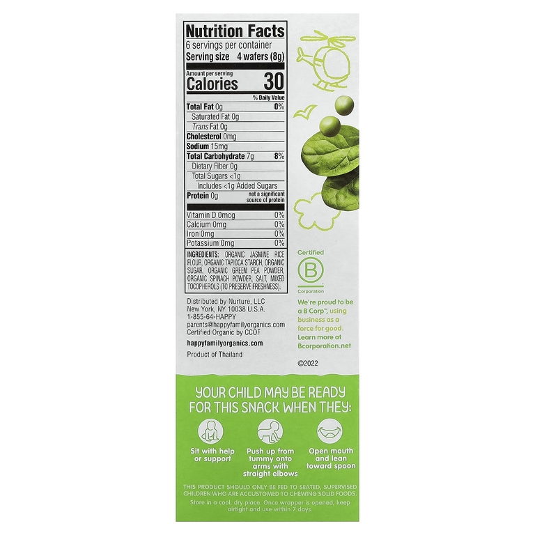 Happy Family Organics, органические вафли для прорезывания зубов, для малышей, умеющих сидеть, горох и шпинат, 12 пакетиков по 4 г (0,14 унции)
