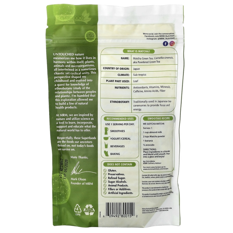 MRM Nutrition, зелёный чай матча в виде порошка, 170 г (6 унций)