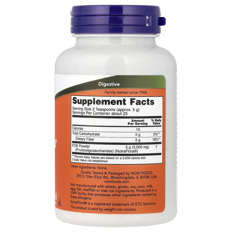 NOW Foods, пребиотическая клетчатка с фруктоолигосахаридами NutraFlora®, чистый порошок, 113 г (4 унций)
