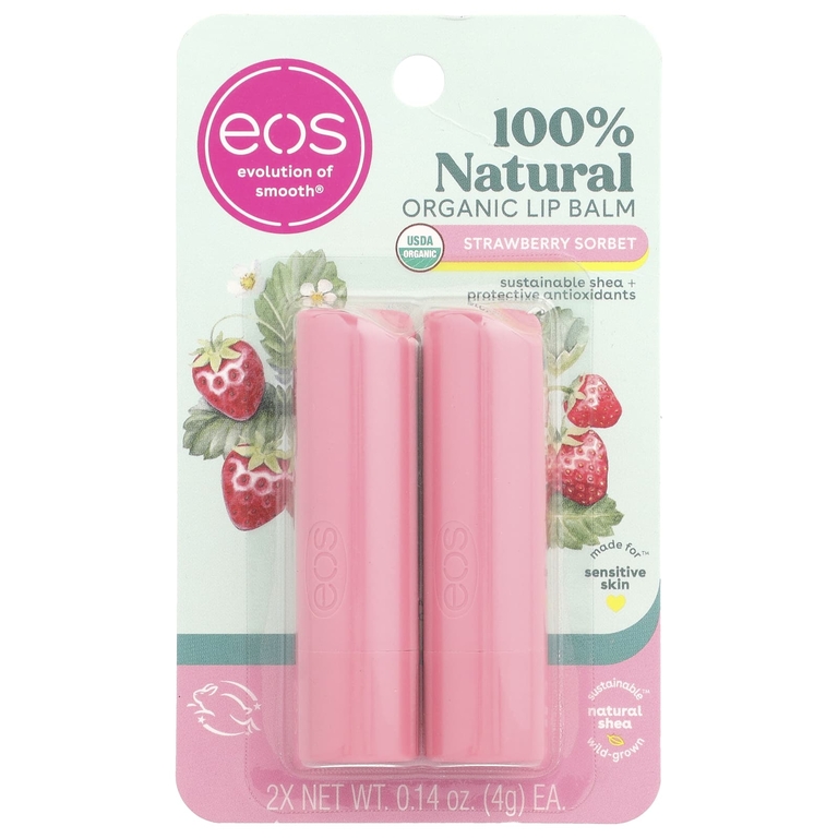 EOS, 100% органический натуральный бальзам для губ с маслом ши, клубничный сорбет, 2 шт. в упаковке, 4 г (0,14 унции)
