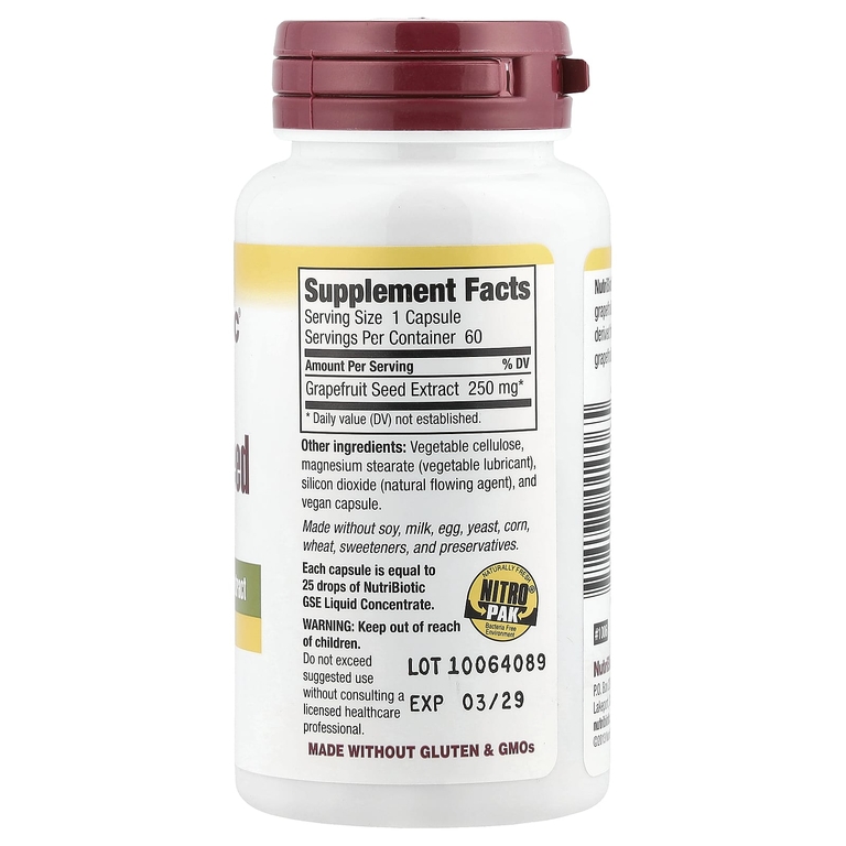 NutriBiotic, экстракт косточек грейпфрута, максимальная сила действия, 250 мг, 60 капсул