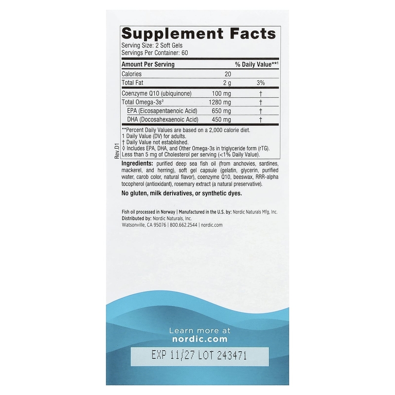 Nordic Naturals, Омега-3 с коэнзимом Q10, со вкусом лимона, 120 желатиновых капсул
