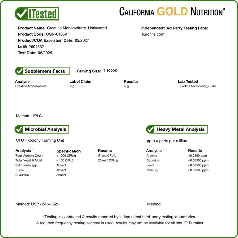 California Gold Nutrition, Спорт, чистый моногидрат креатина, с нейтральным вкусом, 454 г (1 фунт)