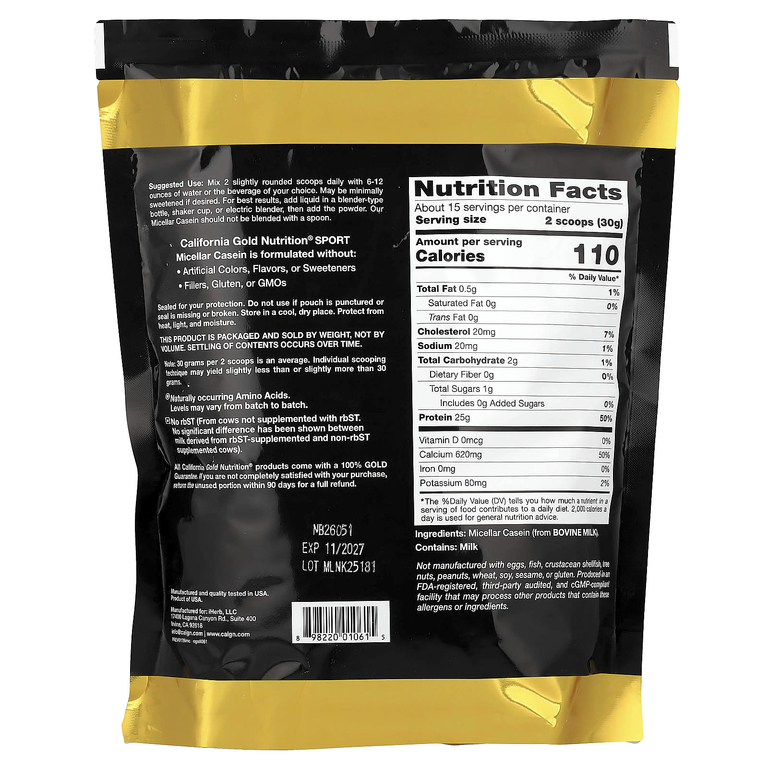 California Gold Nutrition, Спорт, мицеллярный казеин, без добавок, медленное усвоение, 454 г (16 унций)