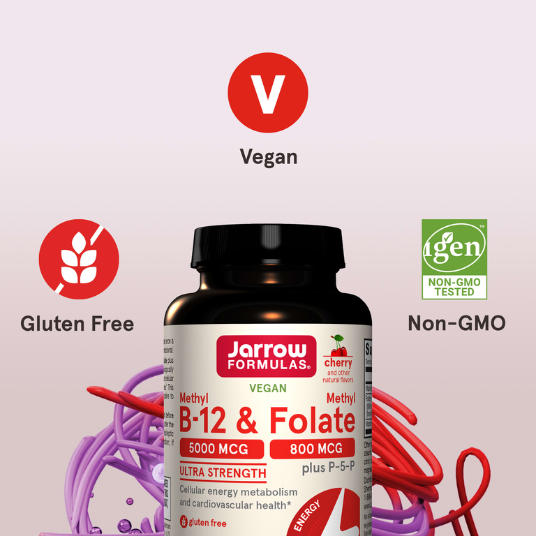 Jarrow Formulas, веганский метил B12 и метилфолат, максимальная сила действия, со вкусом вишни, 60 жевательных таблеток