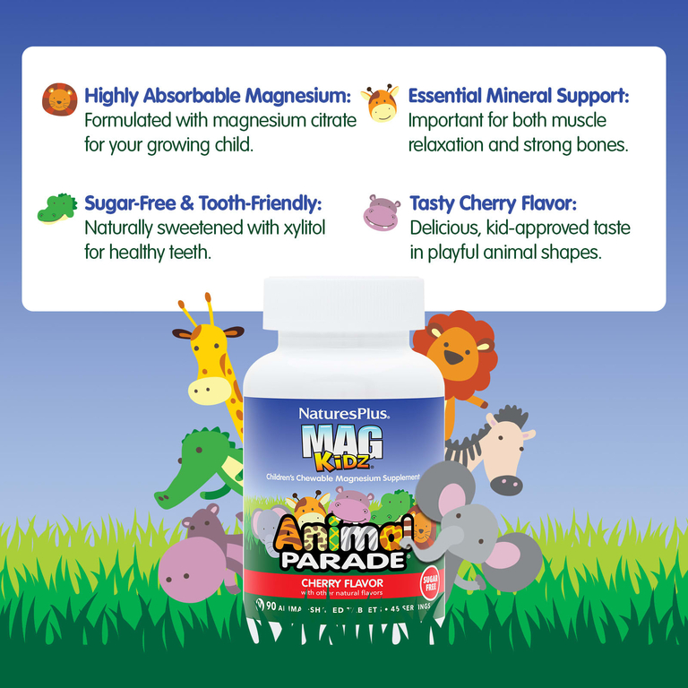 NaturesPlus, жевательный магний для детей, вишня, 90 таблеток в форме животных (50 мг в 1 таблетке)